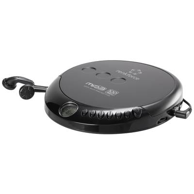 Crni prijenosni CD-player s MP3 funkcijom, nekoliko tipki i malim zaslonom. Slušalice su priključene.