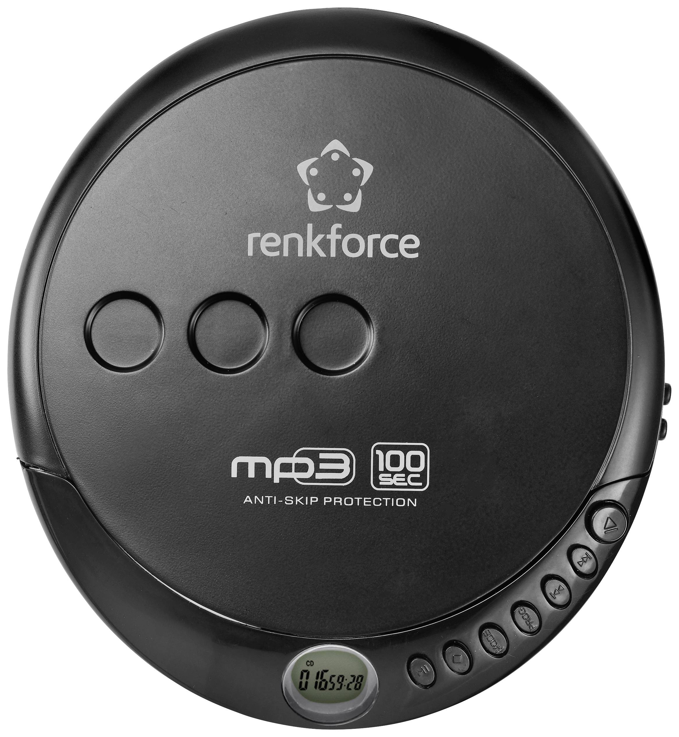 Prijenosni CD-player marke Renkforce, crne boje, s tri glavne tipke i malim digitalnim zaslonom, koji pokazuje vrijeme 16:59.