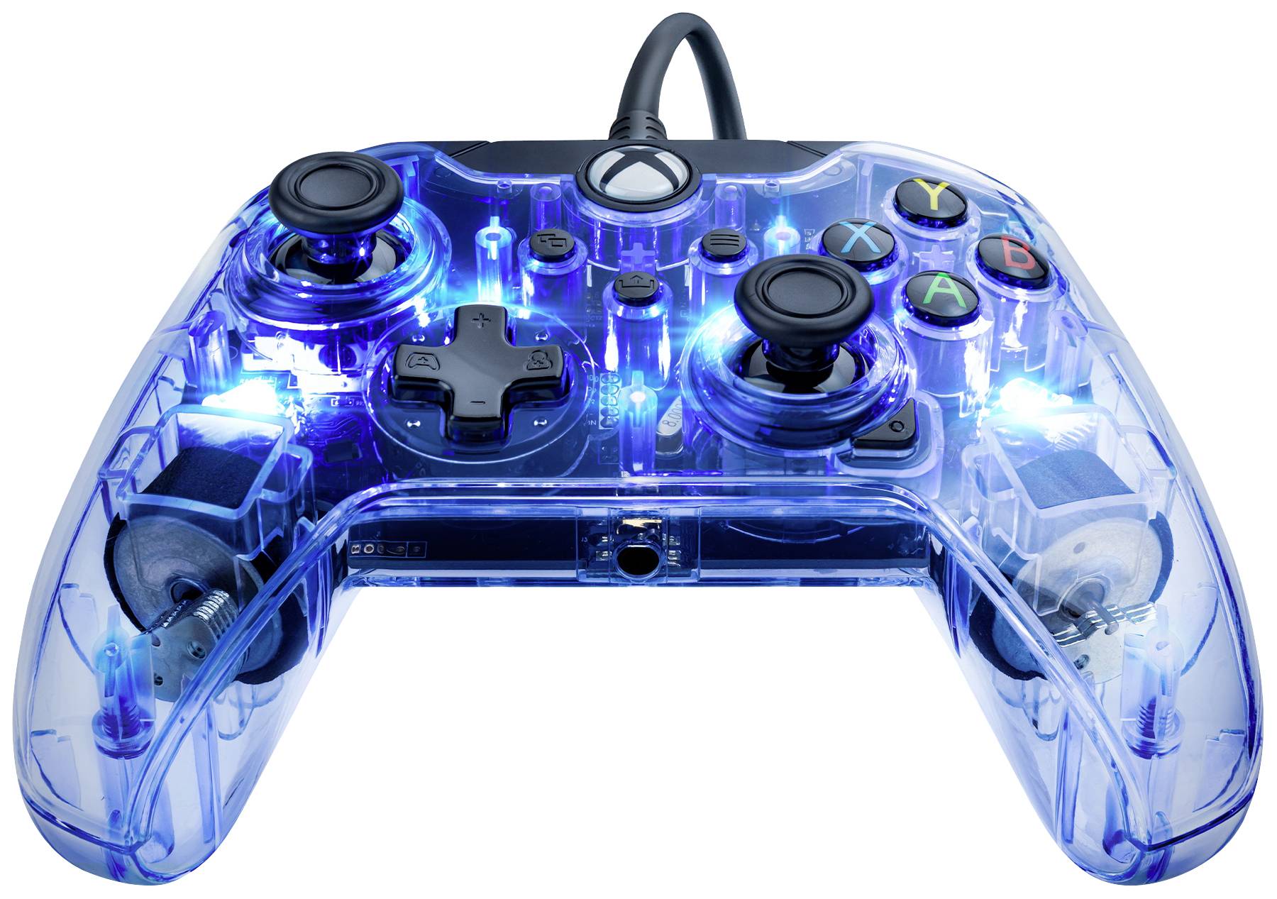 Prozirni plavi gaming kontroler s osvjetljenim LED svjetlima, dva analog štapića, D-padom i action tipkama.