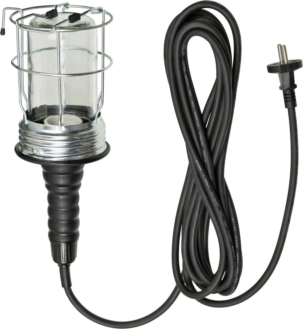 Prenosiva radna lampa s jasnom zaštitnom mrežom, crnom ručkom i priloženim kabelom s utikačem.
