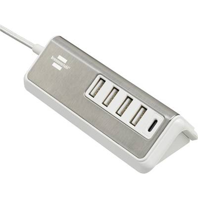 Čelična traka s četiri USB priključka i jedan USB-C priključak, spojena s bijelim kablom.
