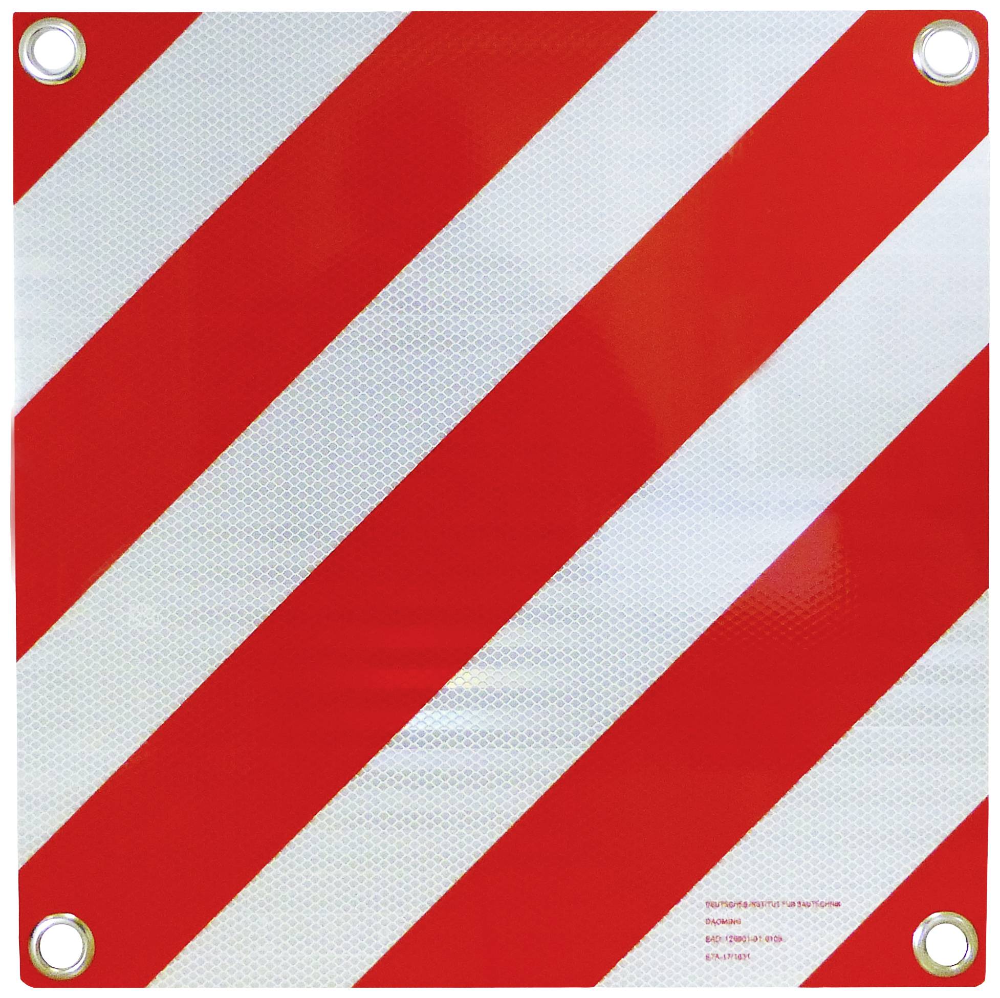 Crveno-bijela dijagonalna traka na znaku s četiri metalne otvore. Signalizira upozorenje ili sigurnosnu mjeru.