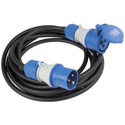 Dugi crni kabel s plavo-bijelim utičnicama na oba kraja, pogodan za priključivanje električnih uređaja.