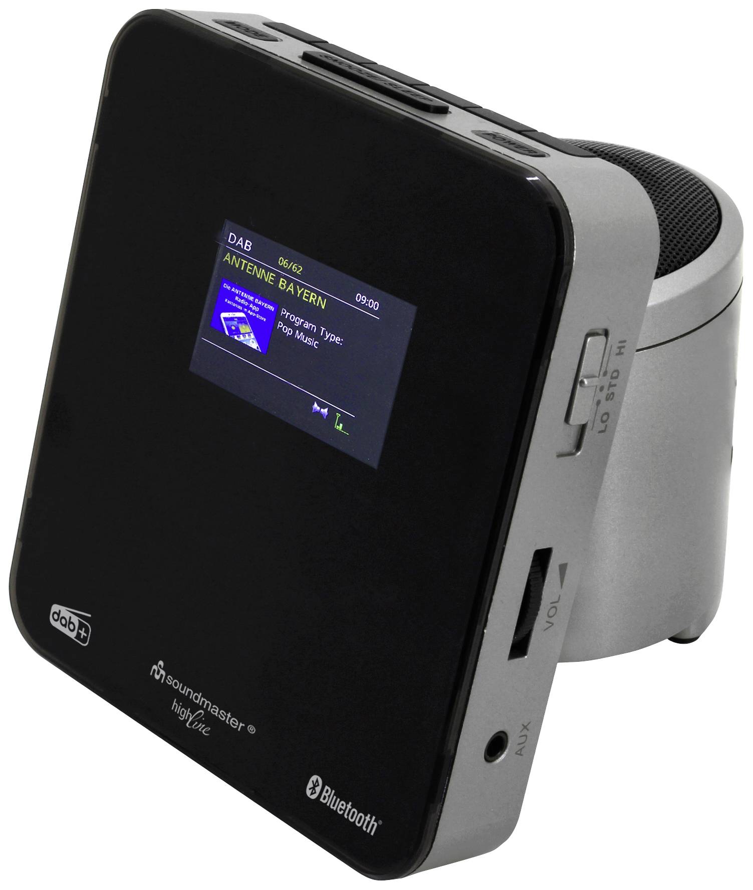 Prijenosni radio s Bluetooth i DAB+ funkcijama. Na zaslonu piše 'ANTENNE BAYERN', a vidljive su tipke za glasnoću i uključivanje/isključivanje.