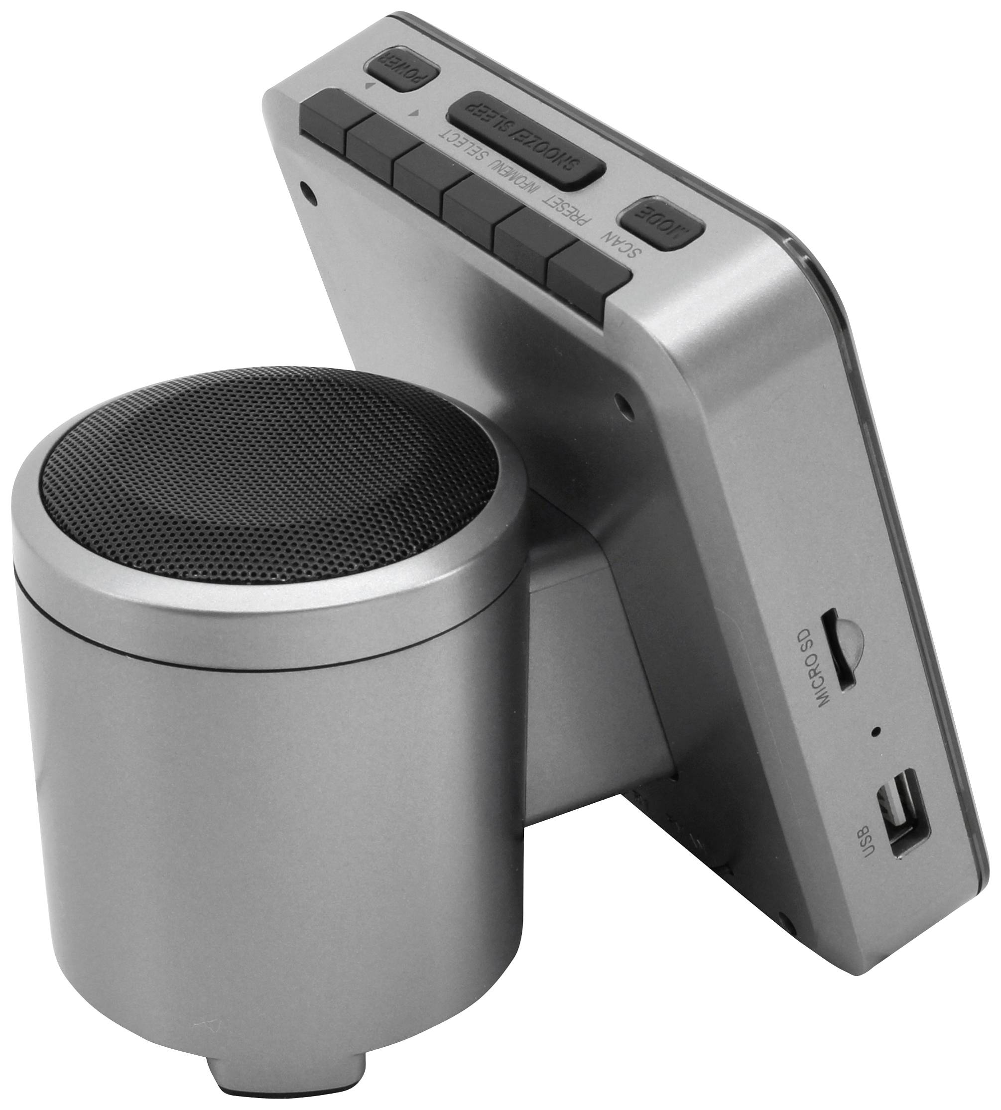 Prijenosni srebrni zvučnik s kontrolnim tipkama na vrhu i priključcima sa strane.
