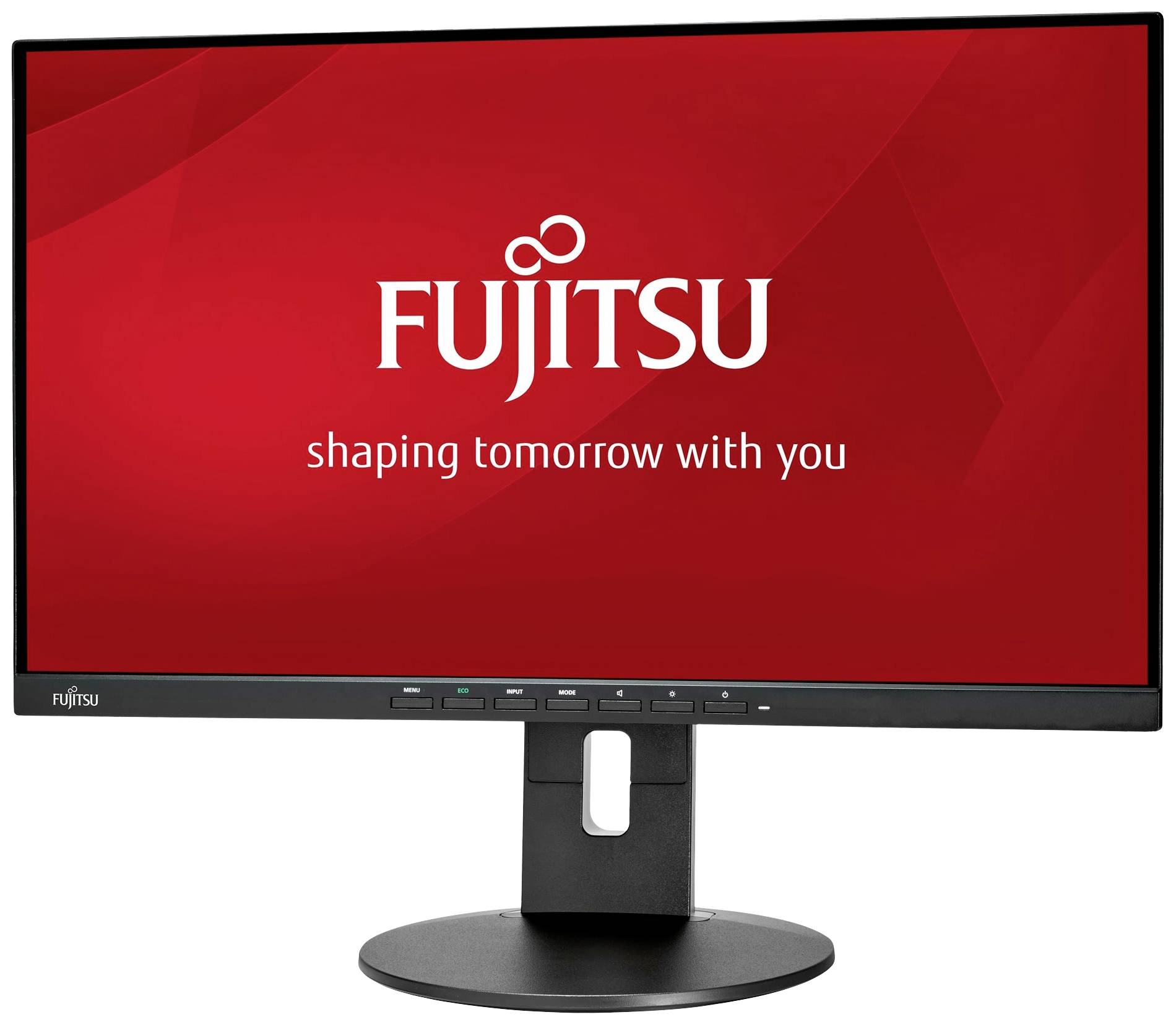 Računalni monitor s crvenim zaslonom prikazuje Fujitsu logo i slogan 'oblikujemo sutra zajedno s vama'.