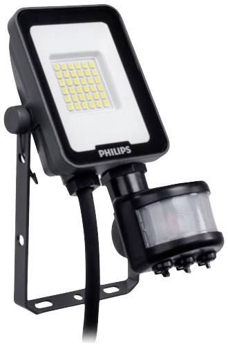 Crni Philips LED reflektor s senzorom pokreta, pogodan za osvjetljavanje vanjskih prostora.