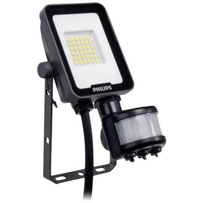 Crni Philips LED reflektor s senzorom pokreta, pogodan za osvjetljavanje vanjskih prostora.