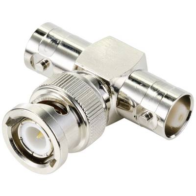 Metalni BNC T-adapter, pogodan za spajanje tri koaksijalna kabela, prikazan je na svijetloj pozadini.