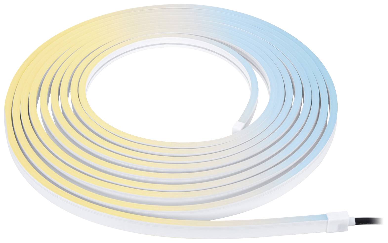 LED-traka svjetla, spiralno namotana. Boja se nježno mijenja od toplog žutog do hladnog plavog s jednog kraja do drugog.