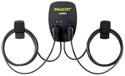 Stanica za punjenje s dva priključka za kabel, označena natpisom 'PRACHT ALPHA', prikazuje LED indikatore.