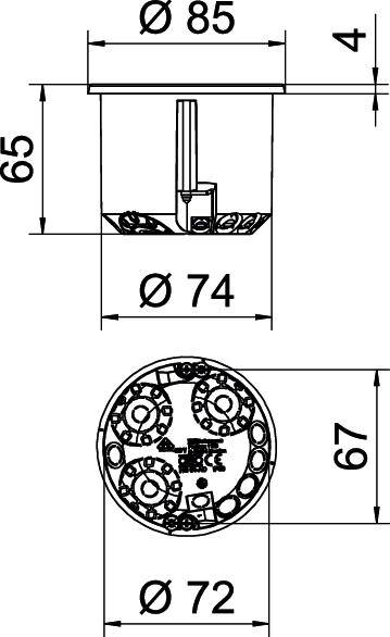 Tehnički nacrt okruglog ugradbenog kućišta s dimenzijama: promjer 85 mm, dubina 65 mm, ugradbeni promjer 74 mm, pozicije vijaka označene.