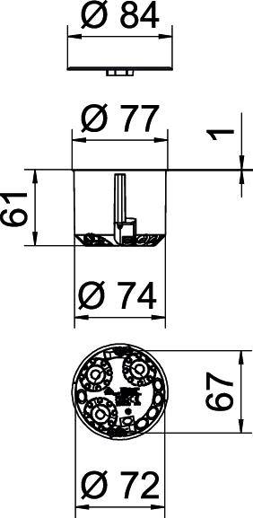 Slika prikazuje tehničku skicu okrugle ugradbene stropne svjetiljke s promjerima od 84 mm, 77 mm i 74 mm. Visina je 61 mm.