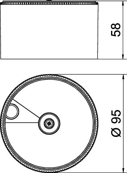 Nacrt cilindričnog valjka promjera 95 mm i visine 58 mm, uključujući tehničke detalje.