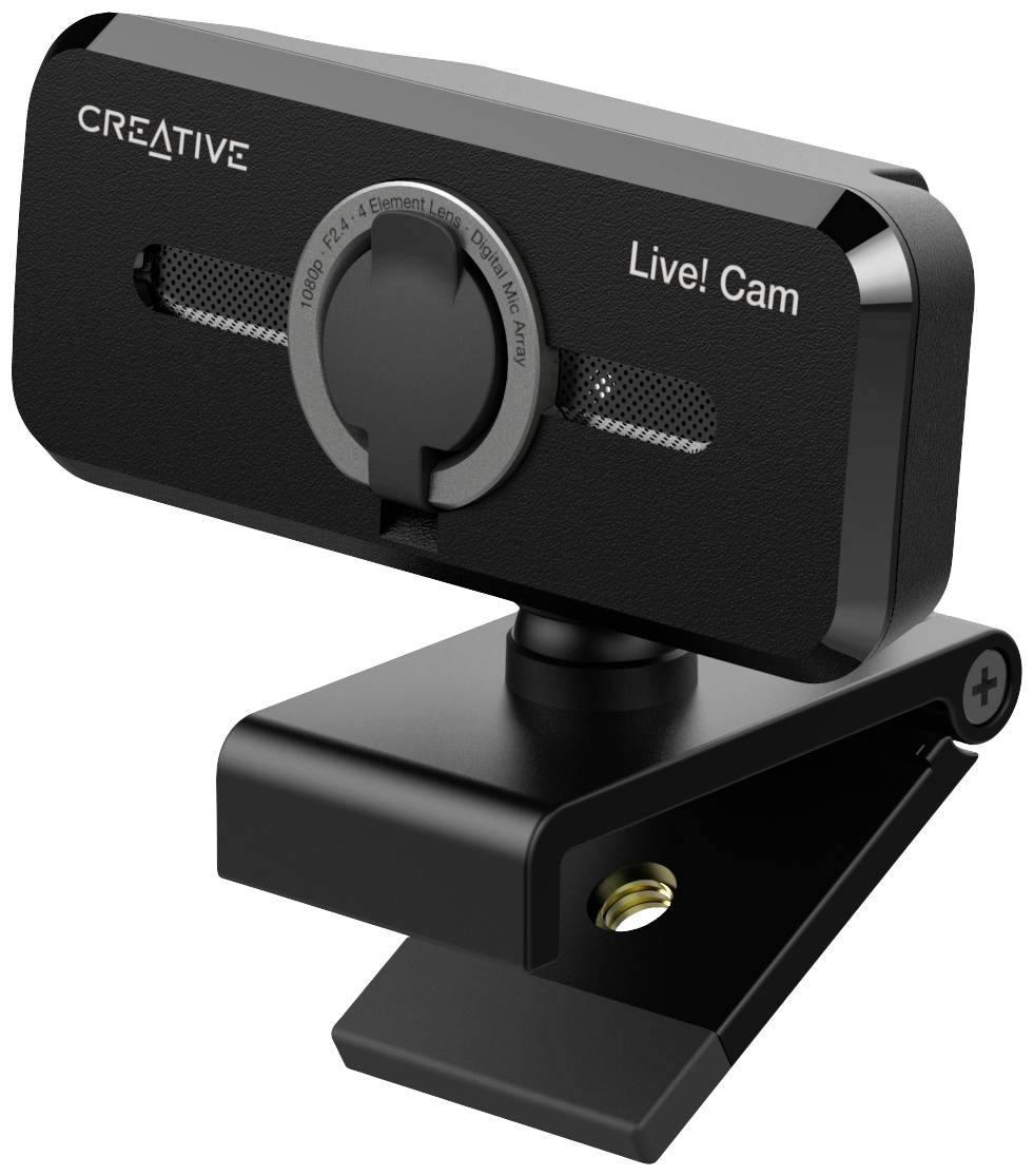 Crna web kamera s natpisom 'Creative' i 'Live! Cam', pričvršćena podesivim stezaljkama.