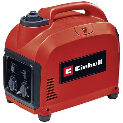 Crveni prijenosni agregat s ručkom i nekoliko priključaka. Vidljiv logotip marke 'Einhell'. Pogodan za mobilno napajanje strujom.
