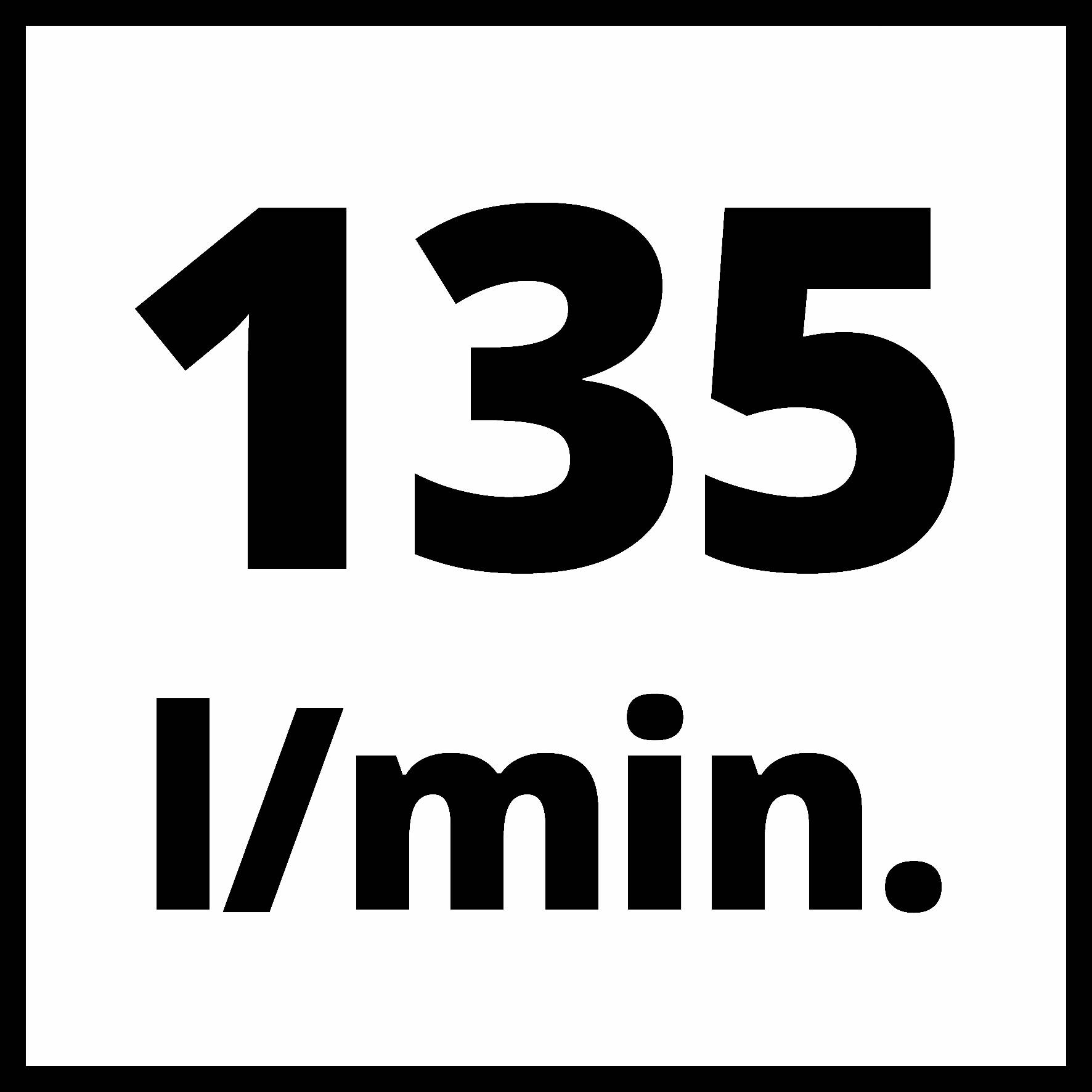 "135 l/min." velikim, crnim brojevima i slovima na bijeloj pozadini.