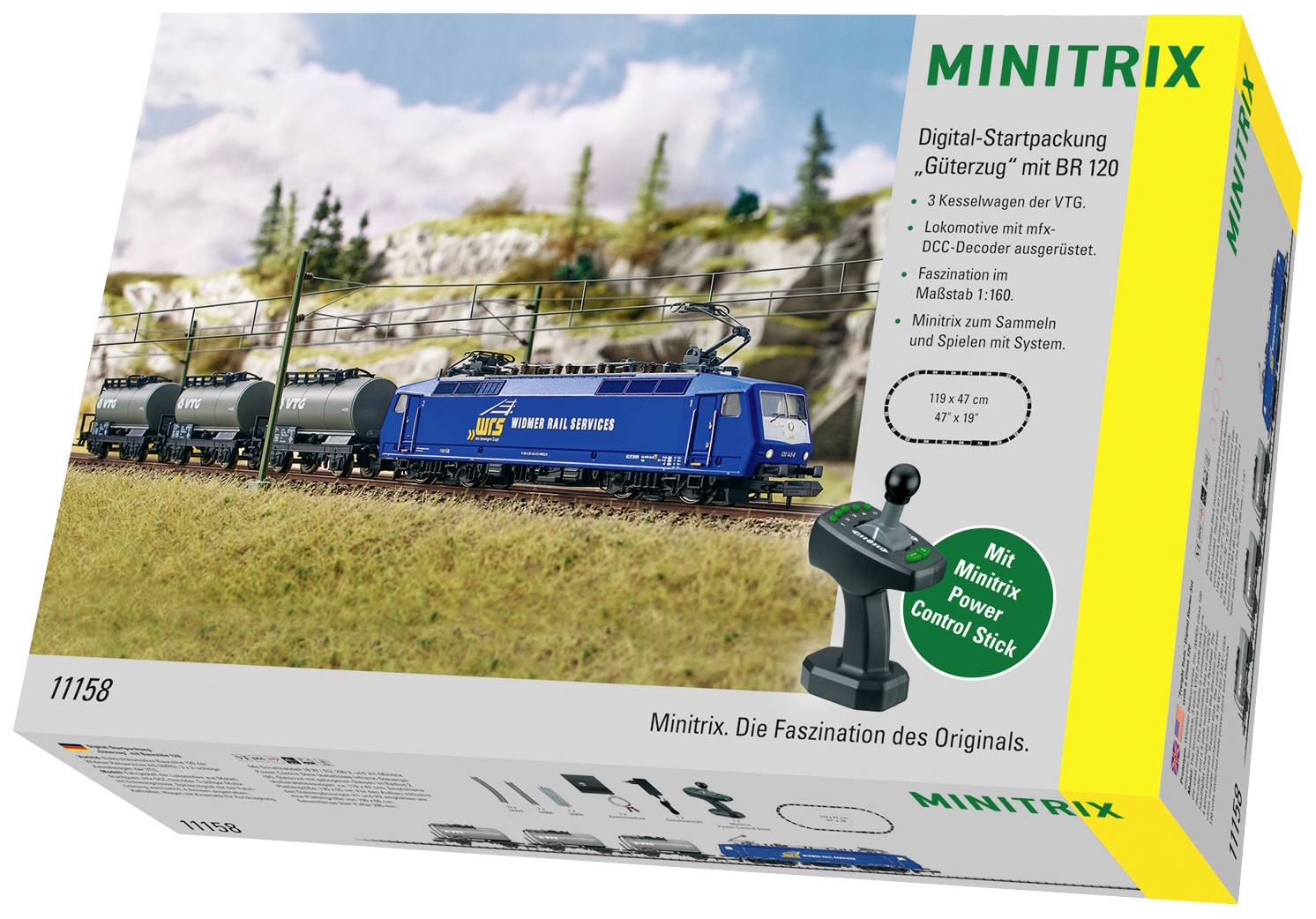 Minitrix digitalni početni komplet 'Teretni vlak' s BR 120. Sadrži lokomotivu i vagone, 3 željezničke trake, digitalnu upravljačku jedinicu, Power Control štap.