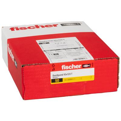 Crveni Fischer DuoXpand 10x120 T kutija za ekspanzivne ankorе na zidu, označena s podacima o proizvodu i količinom od 50 komada.