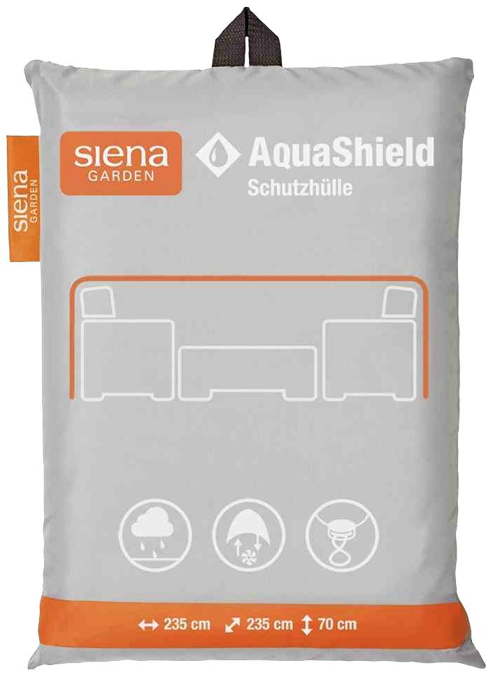 Siva zaštitna navlaka tvrtke Siena Garden pod nazivom 'AquaShield'. Dimenzije su 235 cm duljine, 235 cm širine i 70 cm visine, namijenjena za zaštitu namještaja.