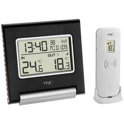 Digitalni termometar s dva prikaza: 'IN' pokazuje 24,6 °C, 'OUT' pokazuje 18,3 °C. Dolje desno nalazi se vanjski senzor.