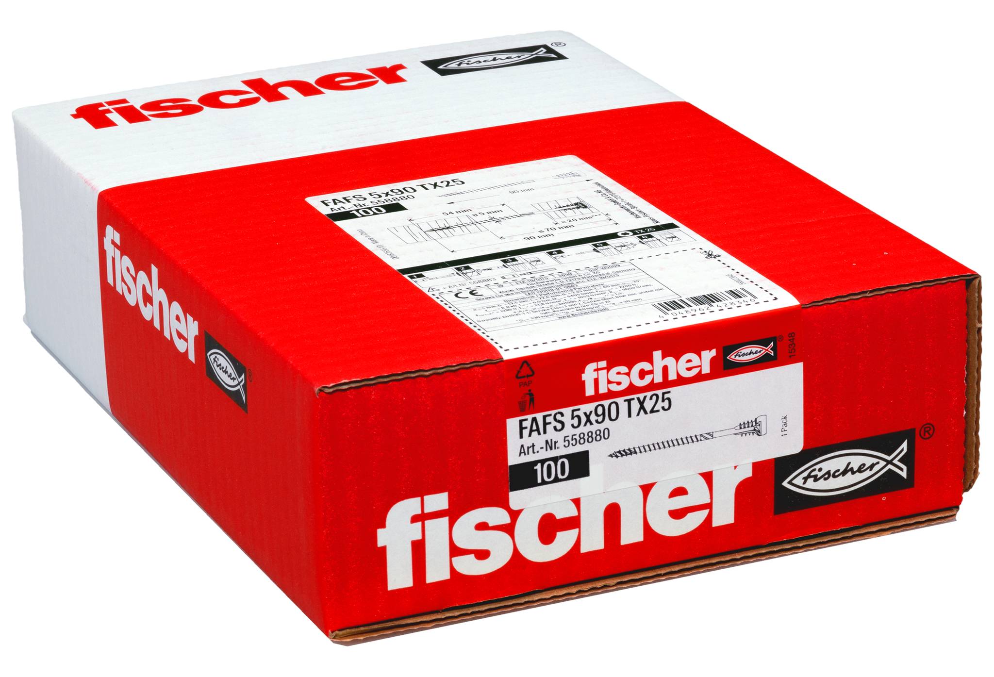 Crvena Fischer kutija Fischer fastening anckora, označena sa 'FAFS 5x90 TX25' i '100' na pročelju.