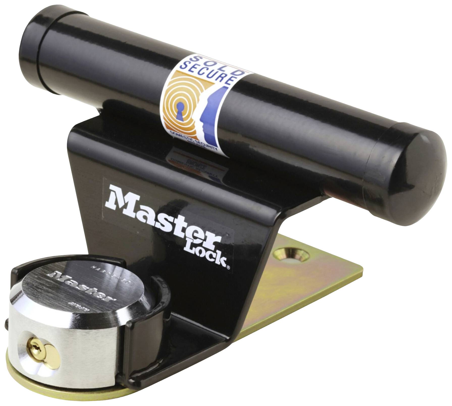 Crno Master Lock biciklističko ključanico sa srebrnim cilindričnim ključem i naljepnicom koja upozorava na sigurnost.