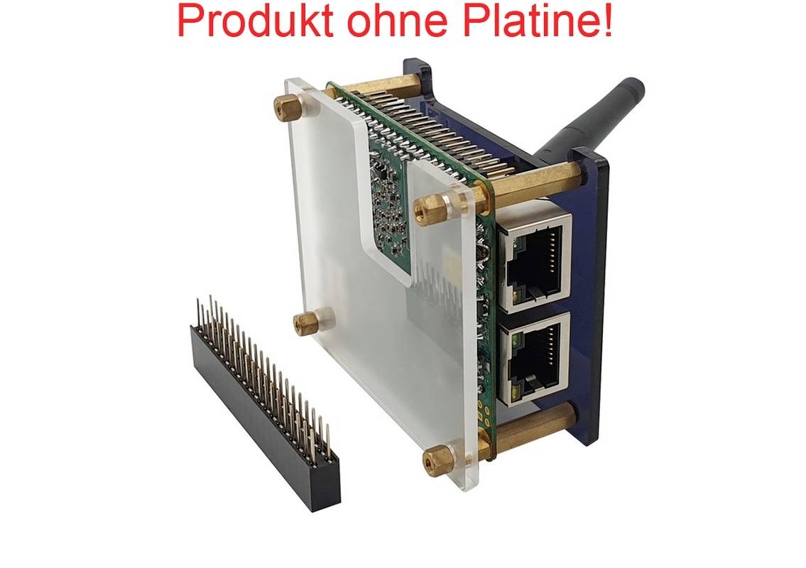 'Elektronički modul s dva Ethernet priključka i držačima. Tekst gore: Proizvod bez tiskane pločice.'