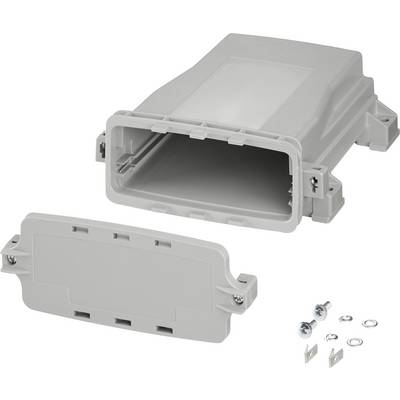 Sivo kućište od plastike s uklonjivim poklopcem, pored kojeg leže vijci i elementi za pričvršćivanje. Pogodno za zaštitu elektroničkih komponenti.