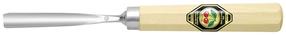 Alat za rezbarenje drva s drvenom ručkom i metalnim rezačem. Logo na ručki prikazuje crvene i zelene ornamente.