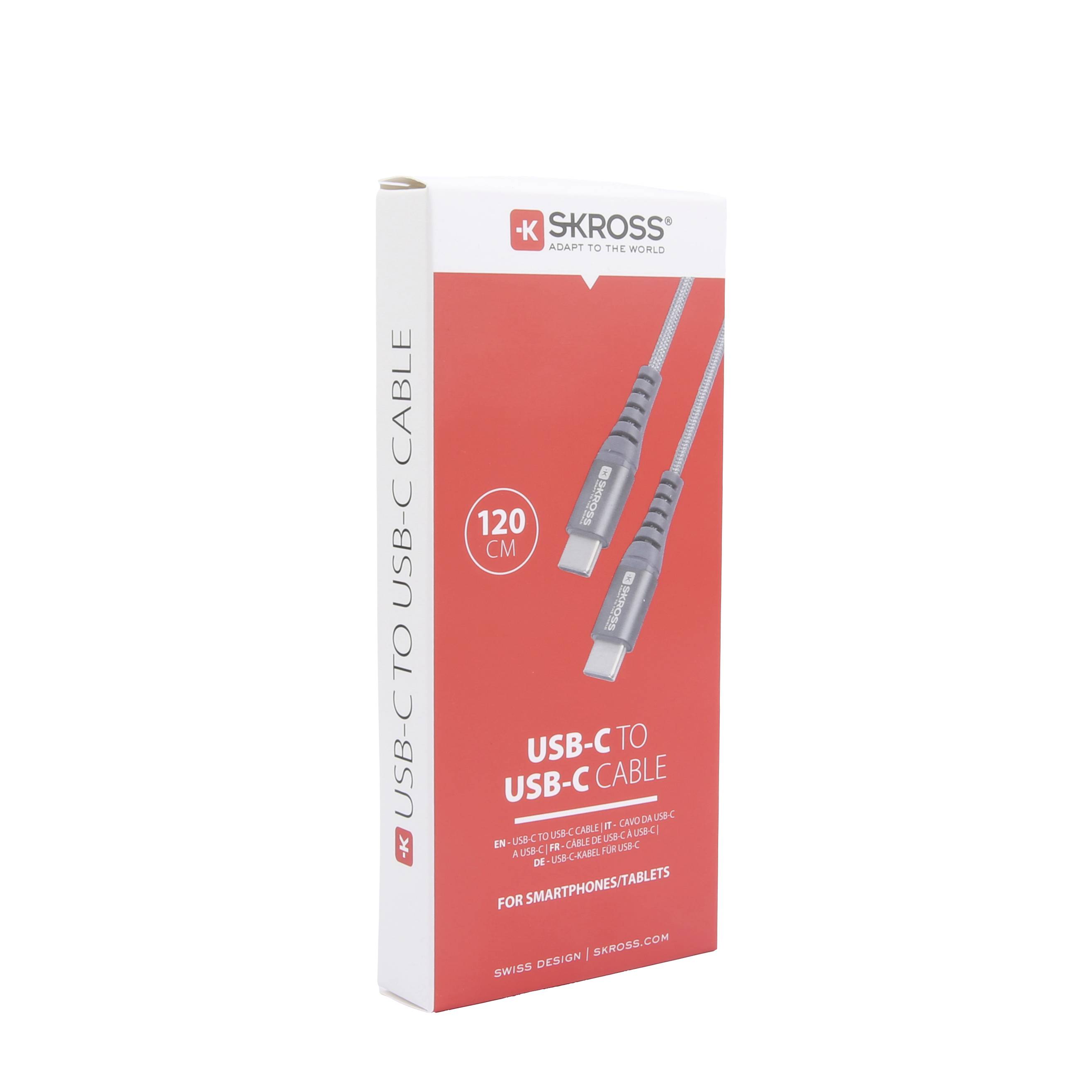 USB-C do USB-C kabel od SKROSS-a, duljine 120 cm, za pametne telefone/tablete, u crvenoj ambalaži.