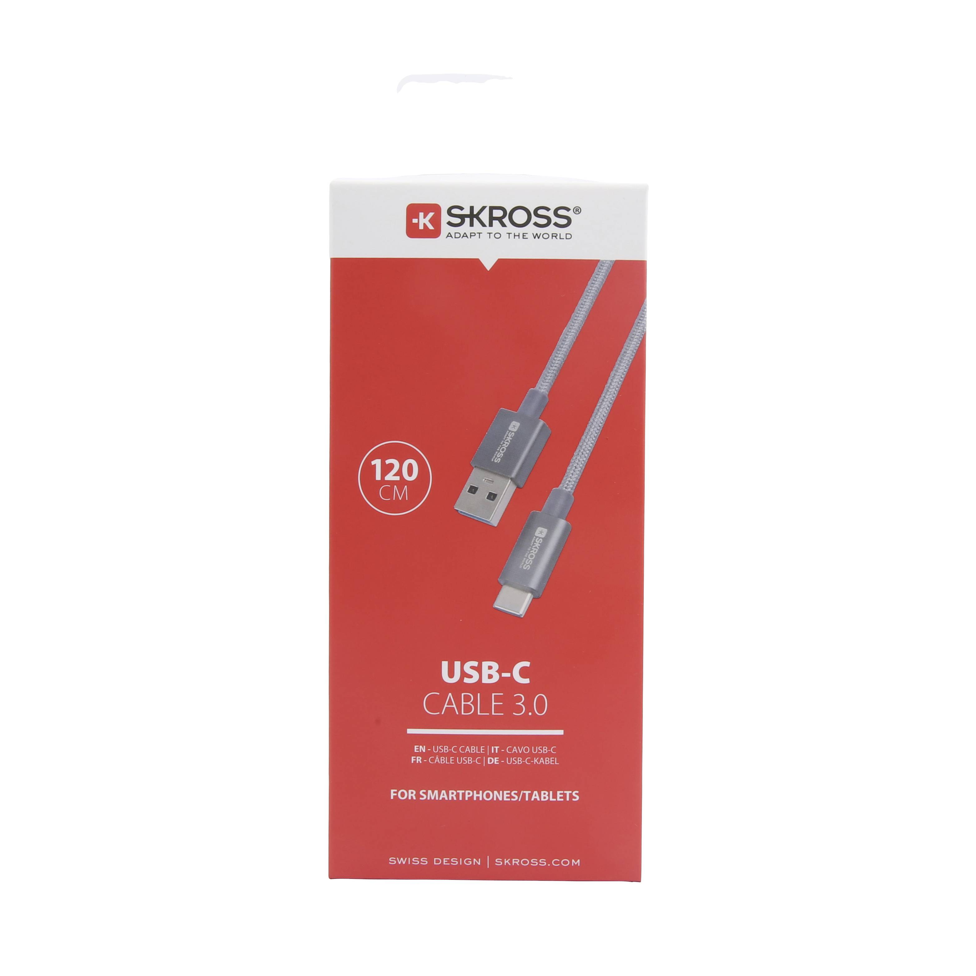 Pakiranje prikazuje 120 cm dugi USB-C 3.0 kabel marke SKROSS, pogodan za pametne telefone i tablete, u crveno-bijelom dizajnu.