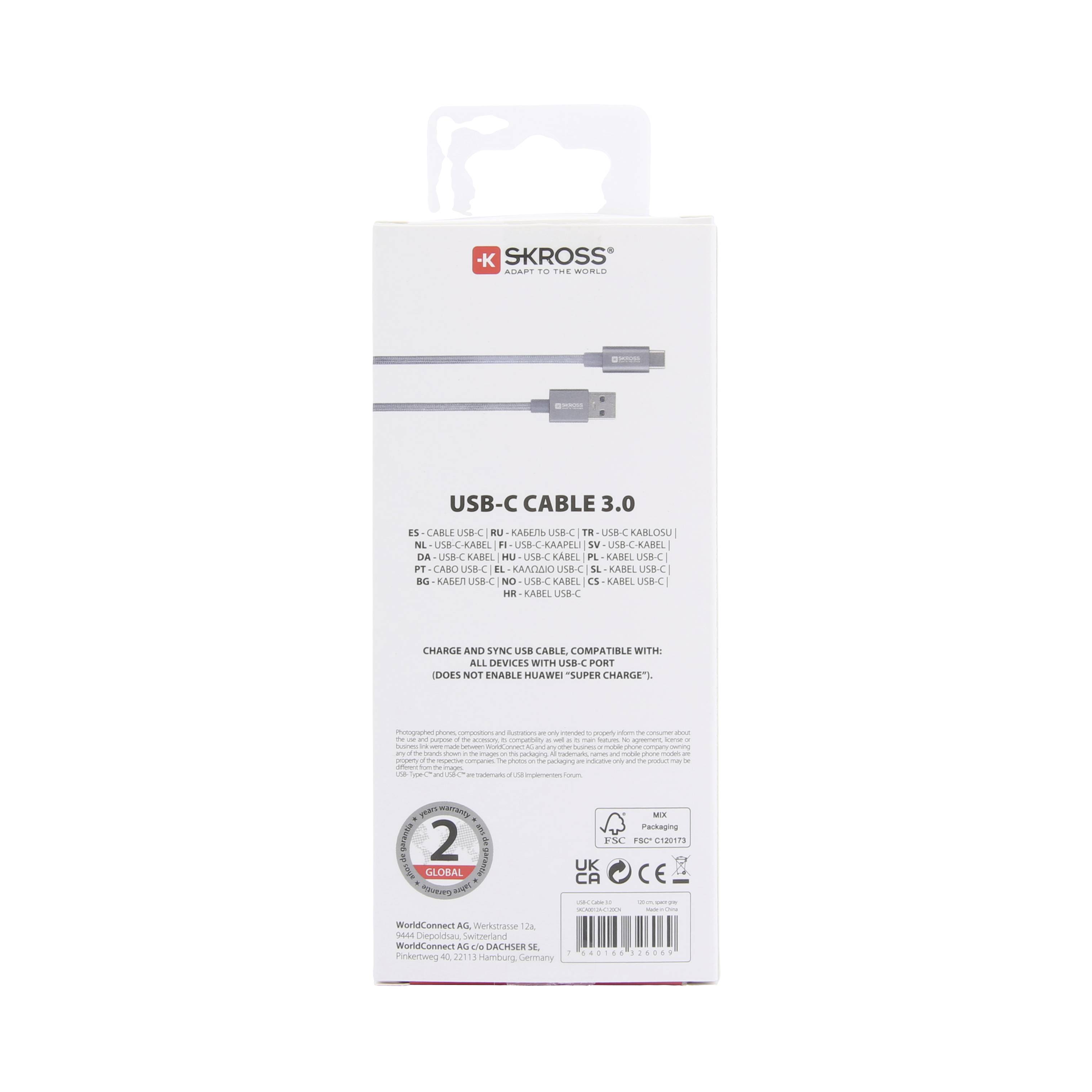 Stražnja strana pakiranja USB-C kabela 3.0 od Skrossa. Informacije o kompatibilnosti, funkciji punjenja, 2 godine jamstva i EU certifikaciji.