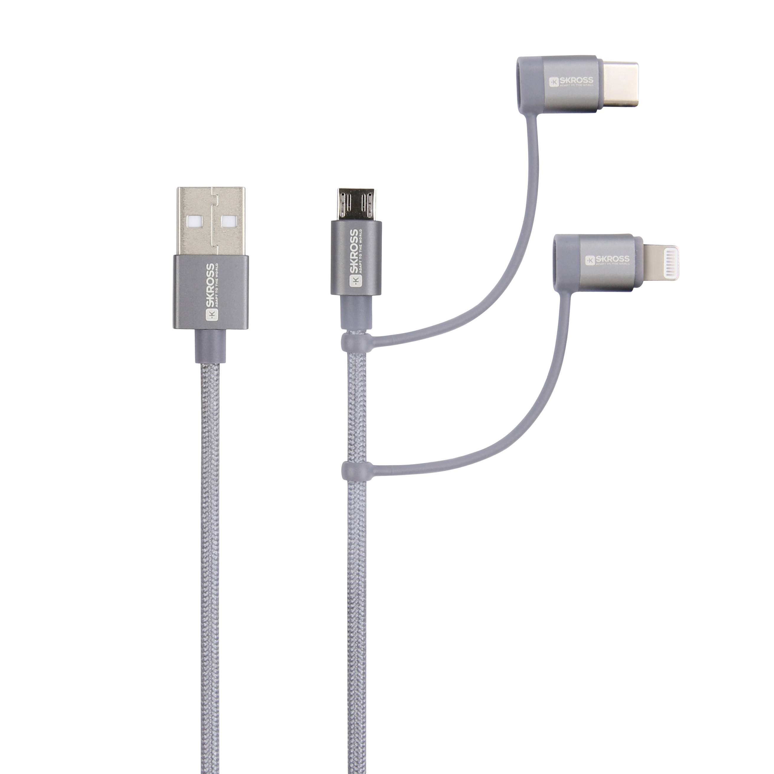Sivo USB kabel s tri priključka: USB-A, Micro-USB i dva adapter priključka (USB-C i Lightning) za višenamjensku upotrebu.