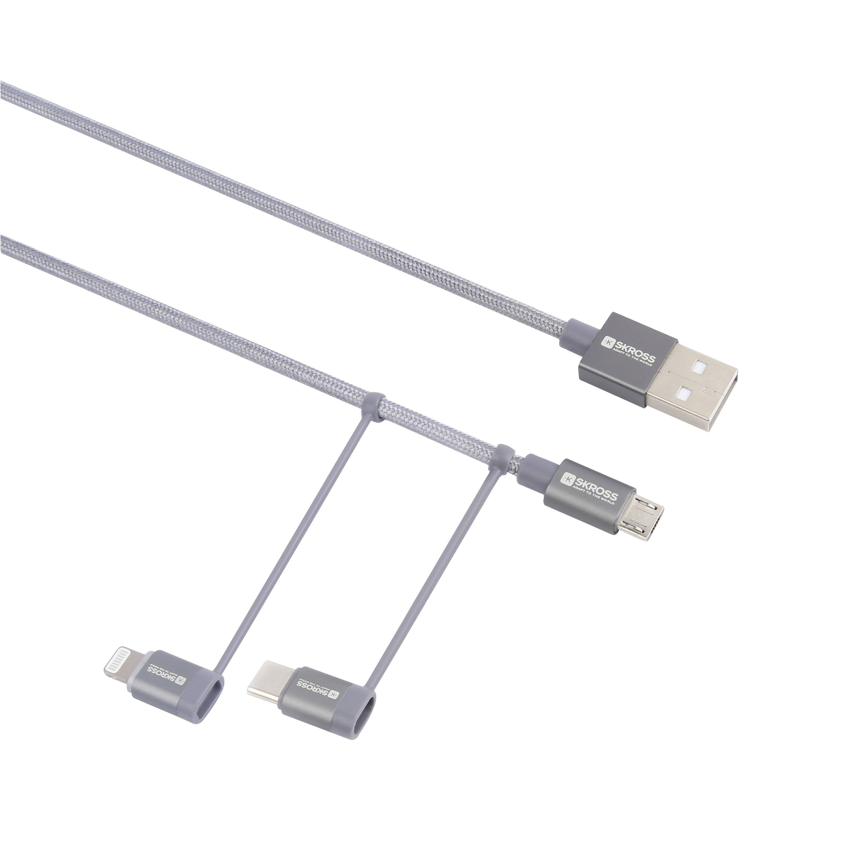 Sivo 3-u-1 punjački kabel s USB priključkom i tri različita priključka: Lightning, USB-C i Micro-USB.