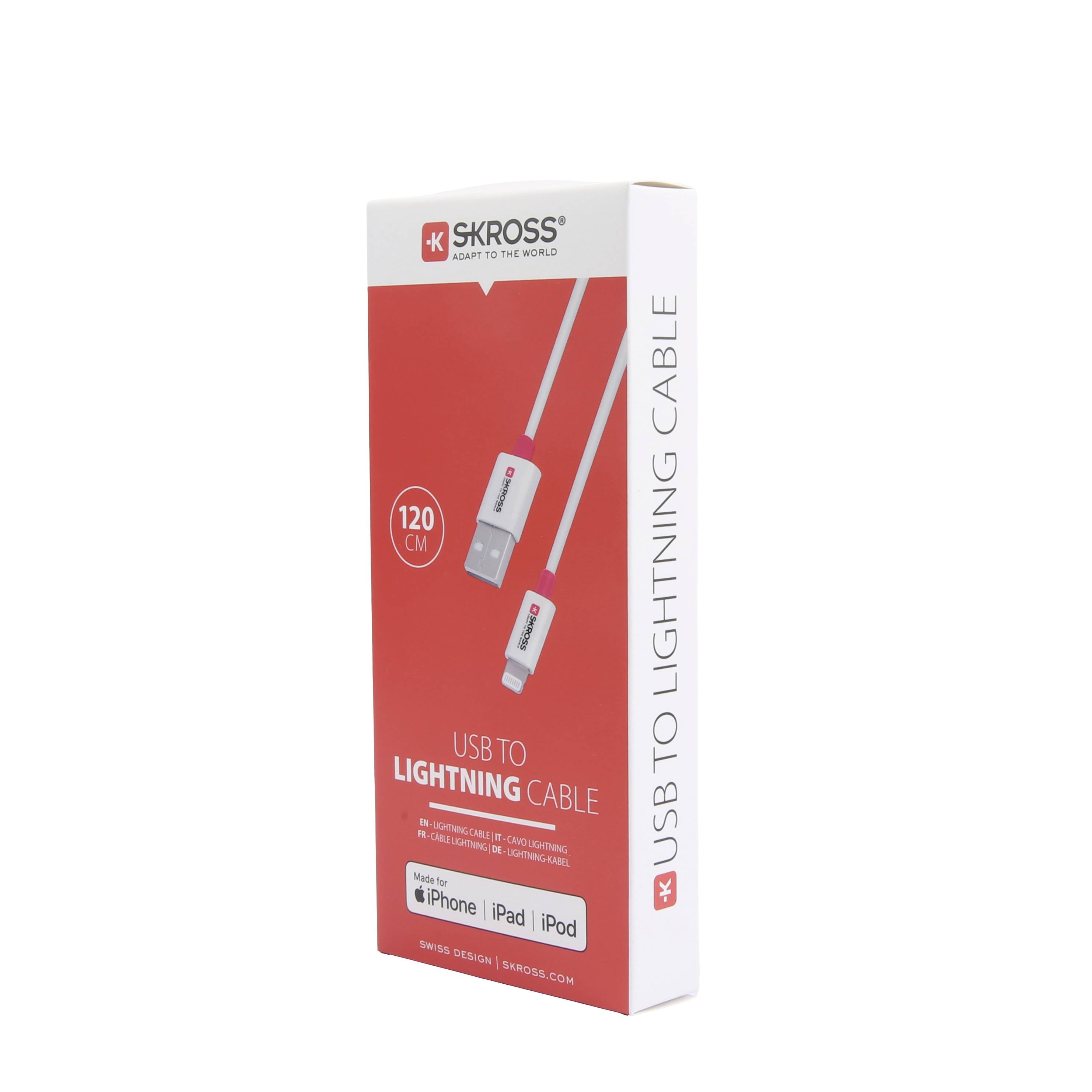 Pakiranja USB-do-Lightning kabela duljine 120 cm, kompatibilnog s iPhone, iPad i iPod uređajima. Proizvođač: SKROSS.