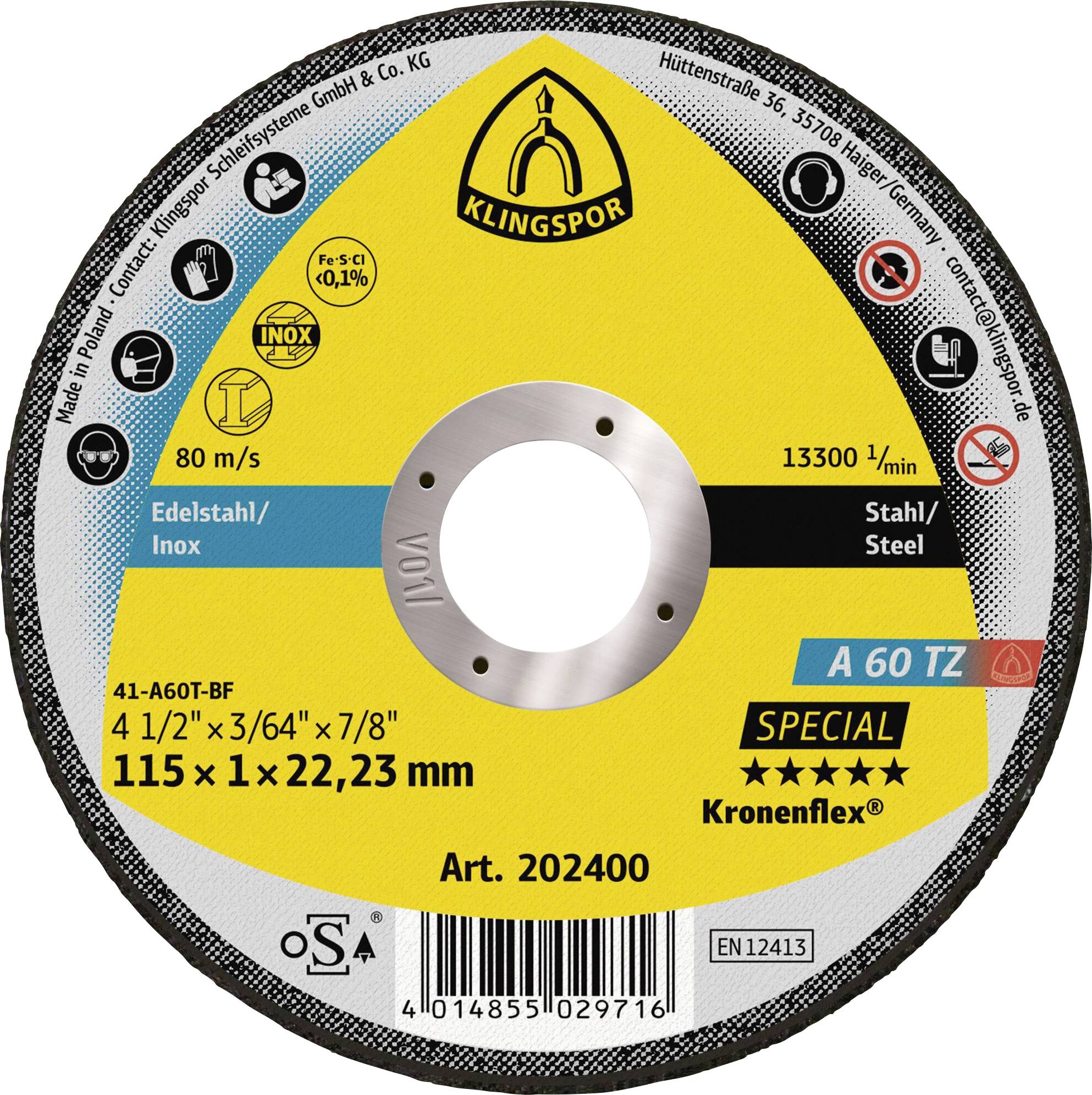 Klingspor A 60 TZ Special 202400 Doorslijpschijf recht 115 mm 25 stuk(s) RVS, Staal