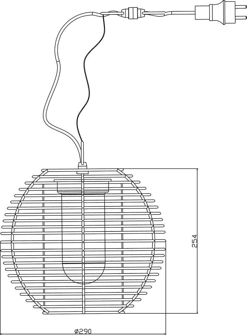 Tehnički nacrt okrugle viseće lampe s rešetkastom strukturom i centralnim kabelom. Dimenzije: promjer 290 mm, visina 254 mm.
