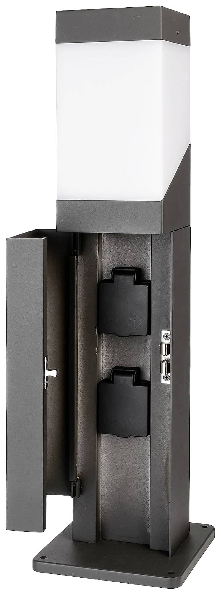 Crni vanjski stupić rasvjete s otvorenim pretincem. Pretinac prikazuje dvije utičnice i dva USB priključka.