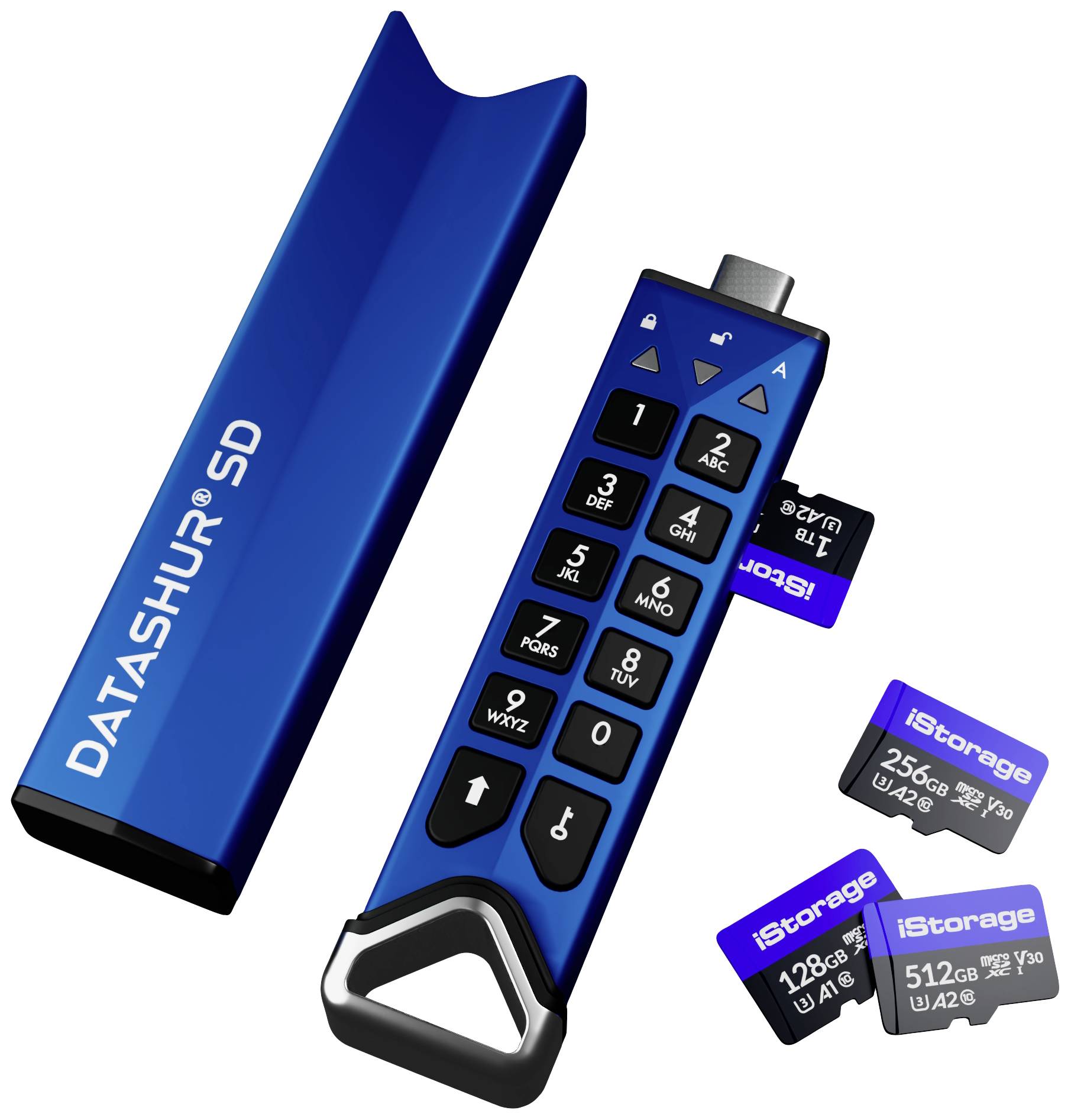 Plavi USB stick s tipkovnicom za unos i SD-utičnicom prikazuje nekoliko SD kartica različitih veličina pored njega.