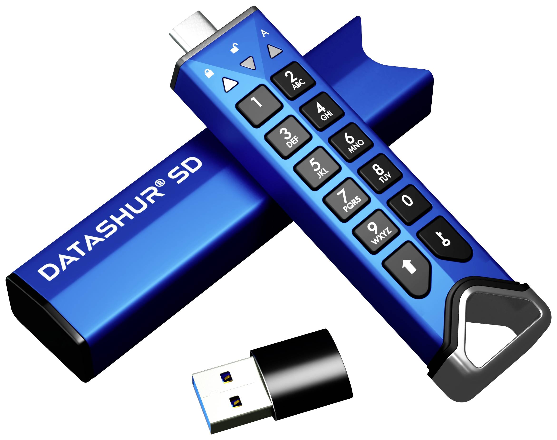 Plavi USB stick s tipkama za unos PIN-a i sigurnost podataka, pored kojeg se nalazi uklonjivi poklopac s natpisom 'DATASHUR SD'.