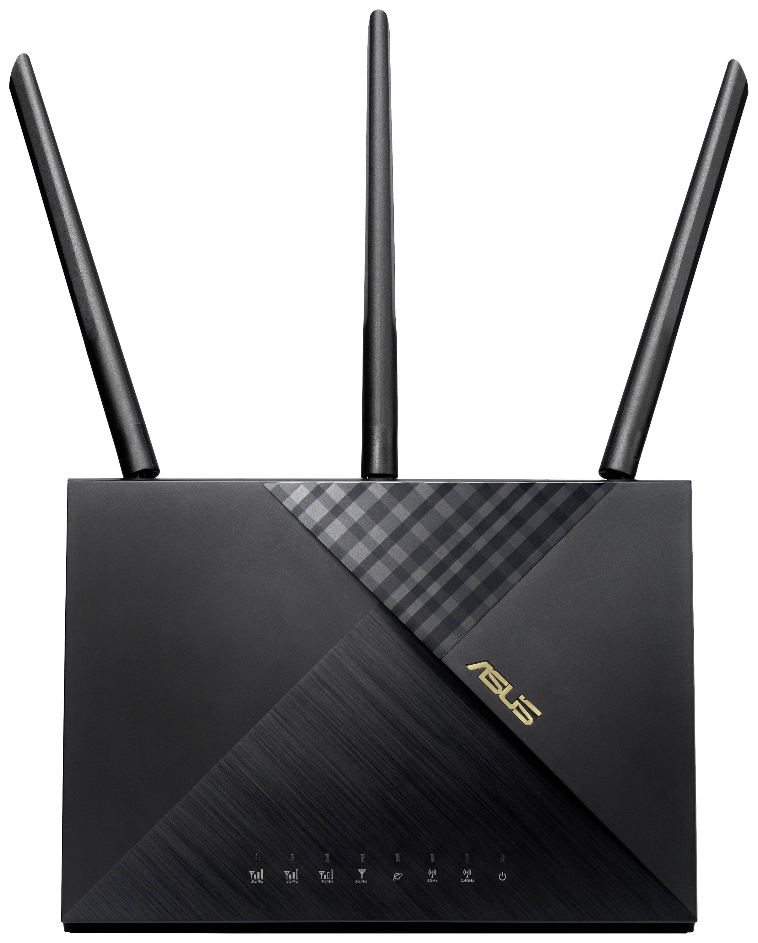 Crni WLAN usmjerivač s tri antene. Na prednjoj strani nalazi se ASUS logotip.