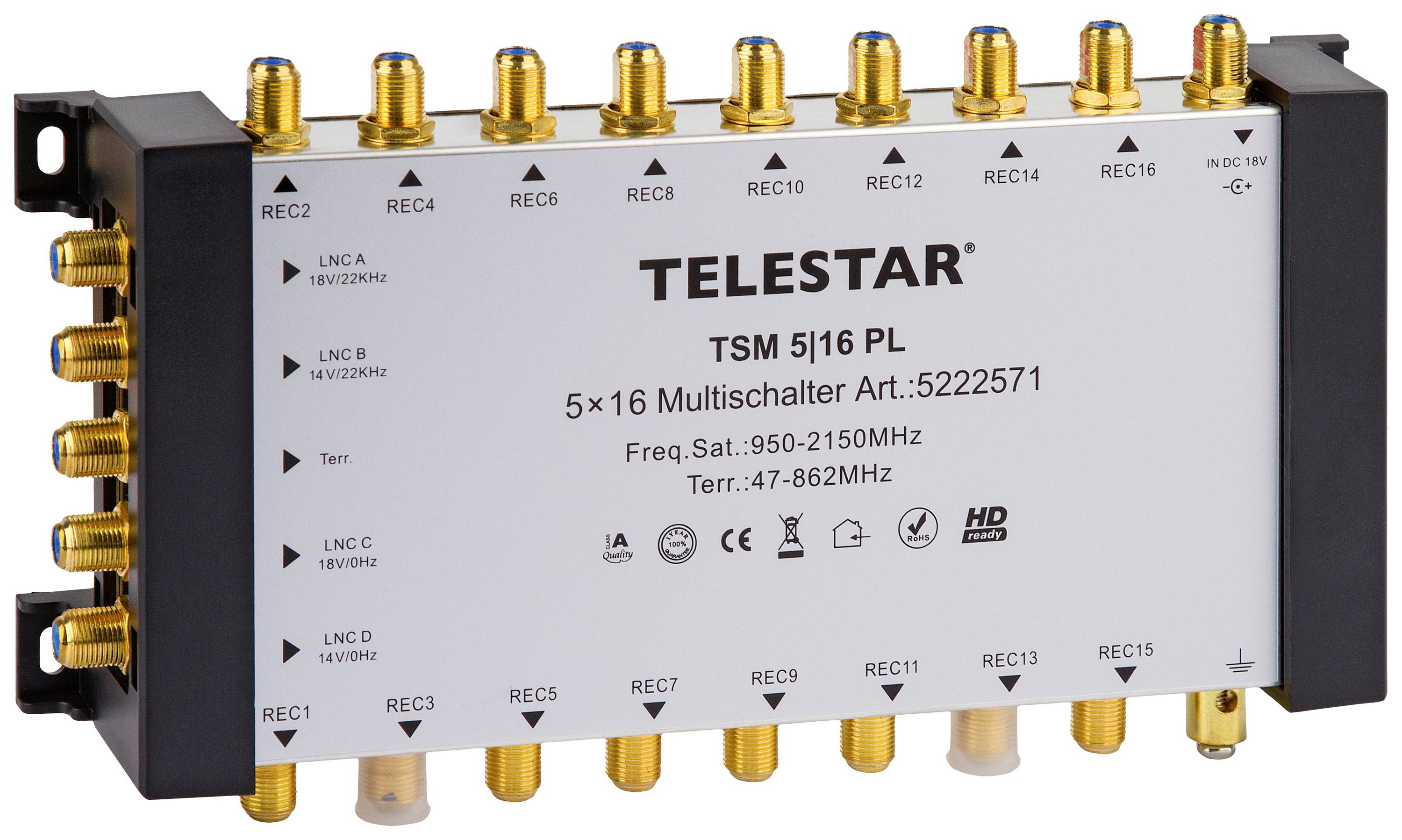 Telestar TSM 5/16 Premium Line satelitski multiprekidač Ulazi (višestruki prekidač): 5 (4 sat/1 zemaljske) Broj sudionik-1