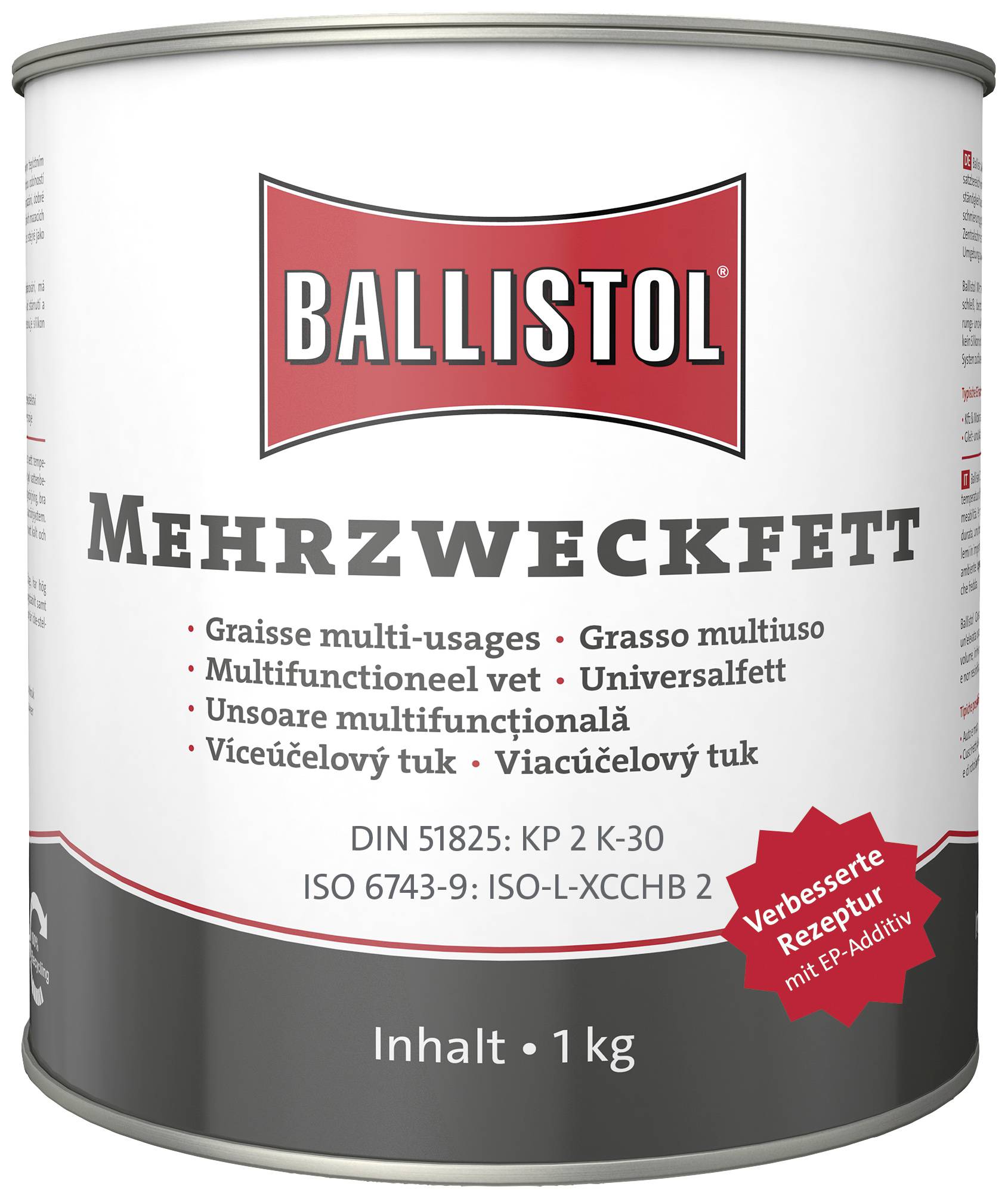 Jedna limenka višenamjenskog masti Ballistol, 1 kg. Oznaka na njemačkom i nekoliko drugih jezika. Sadrži napomene o poboljšanoj recepturi.