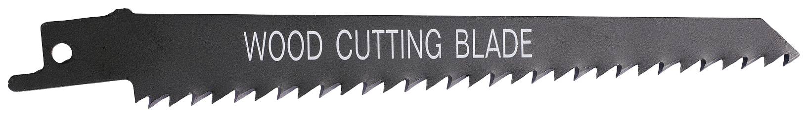 Crno tesleno listić s natpisom 'Wood Cutting Blade' i nazubljenim rubovima, pogodan za rezanje drva.