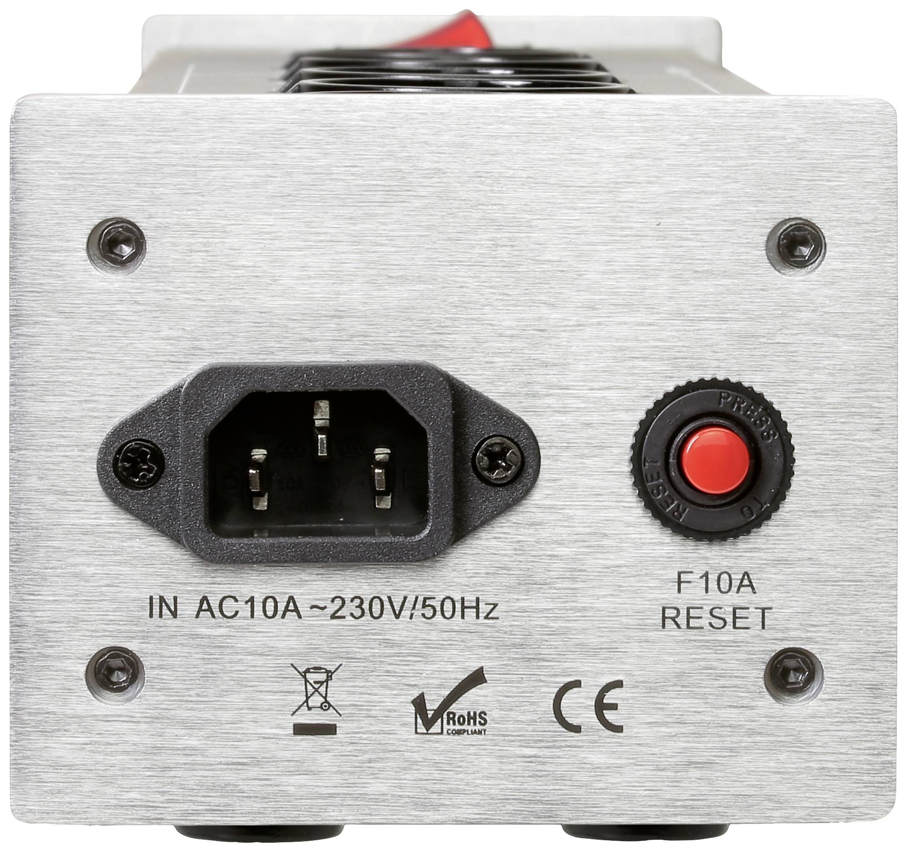 Stražnja strana električnog uređaja s priključkom mrežnog kabela 'IN AC10A ~230V/50Hz', crveni gumb 'F10A RESET', CE i RoHS oznake.