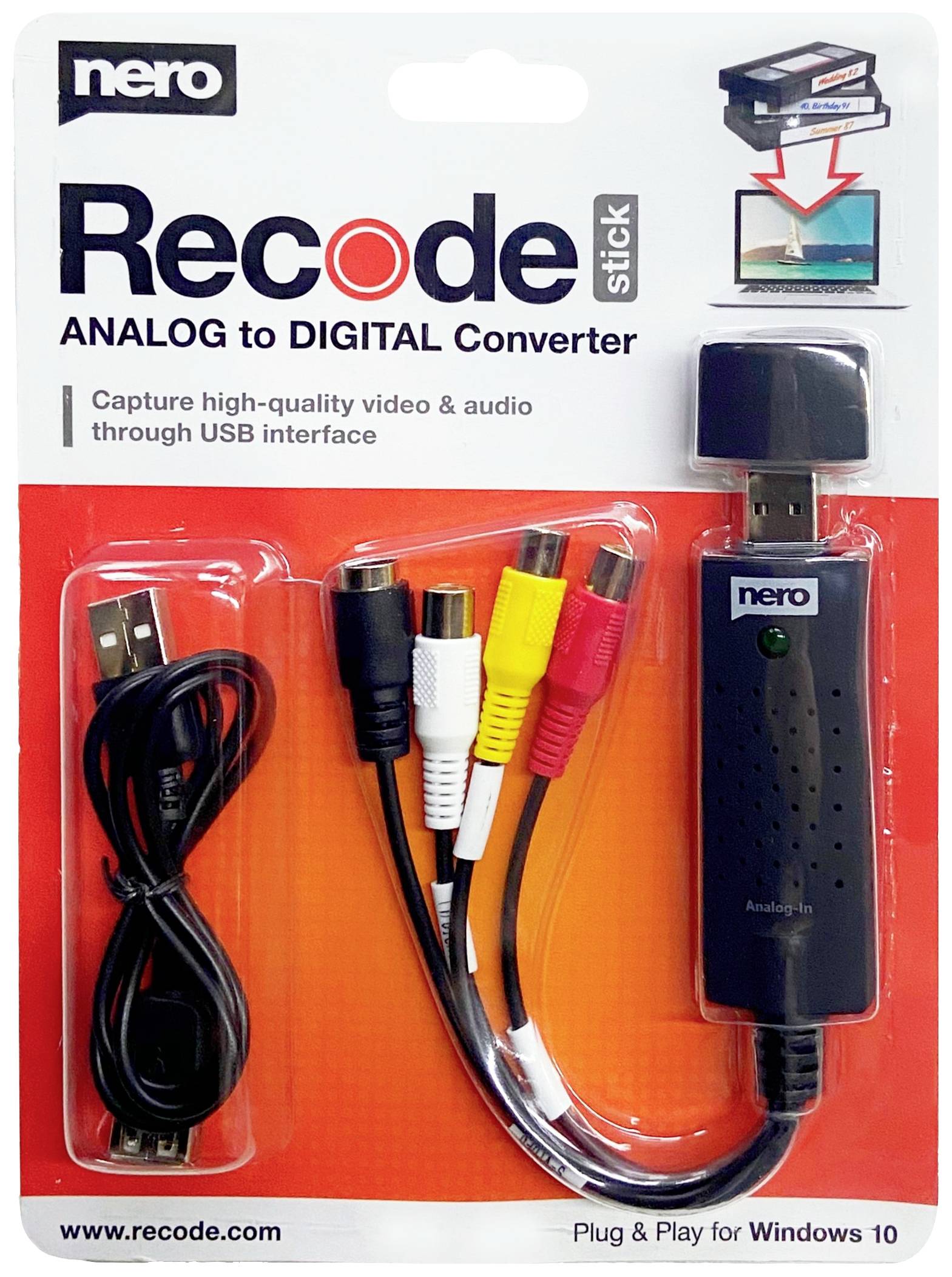 Nero analog-do-digitalnog konvertera set, sastoji se od USB stick-a i kabela za video i audio prijenos na Windows 10.