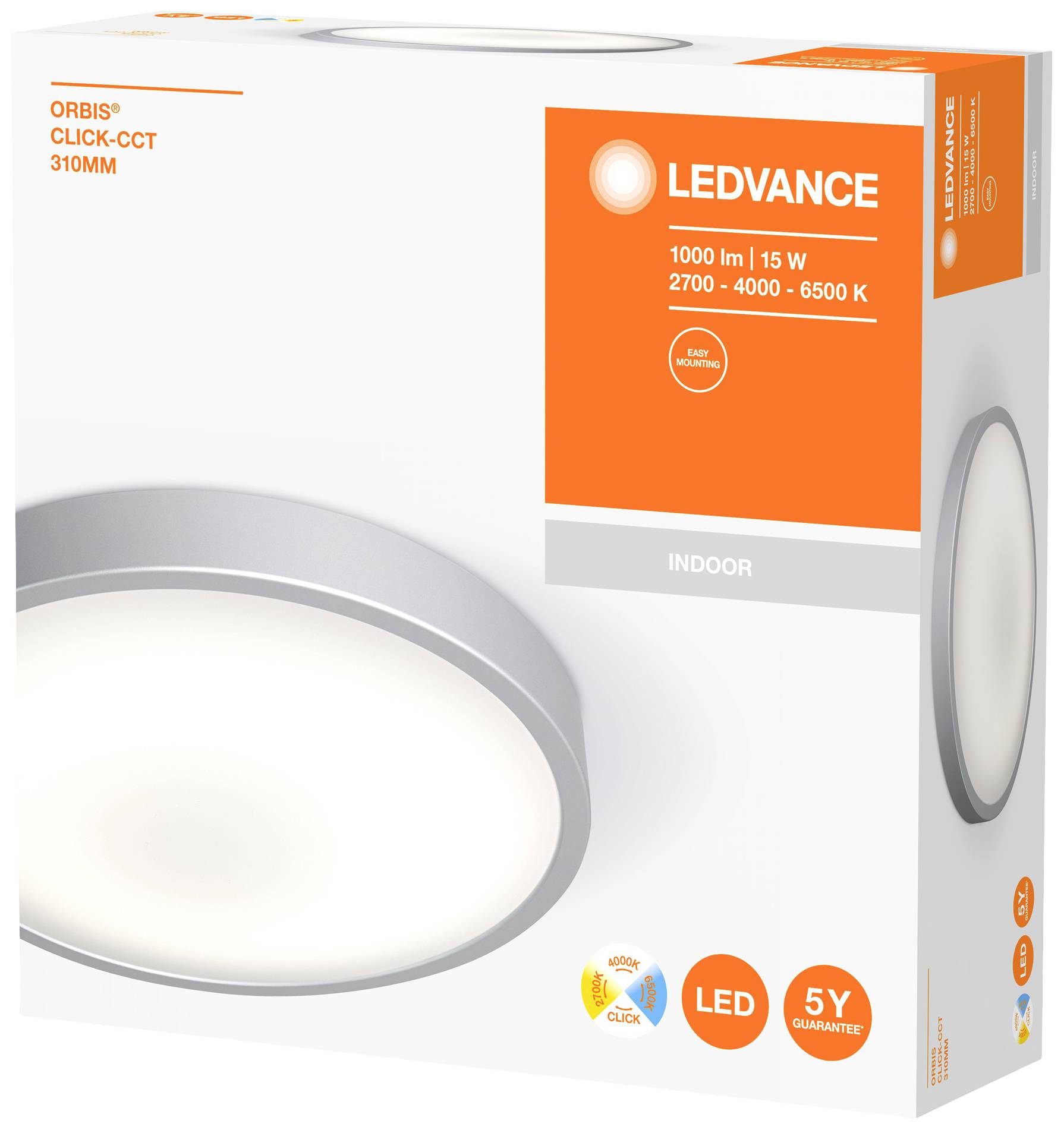 Pakiranje prikazuje okruglu LED stropnu lampu tvrtke Ledvance sa svjetlosnim tokom od 1000 lm i podesivom temperaturom boje (2700-6500 K).
