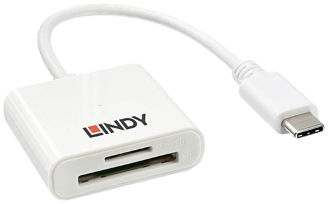 Vanjski čitač kartica s USB-C priključkom, dva utora za SD i microSD kartice. Bijelo kućište s logotipom marke.
