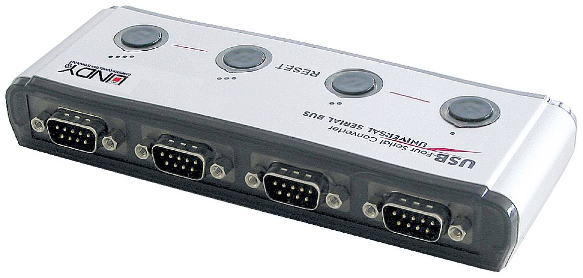 Srebrni USB-na-serijski pretvarač s četiri priključka i četiri okrugle tipke za upravljanje.